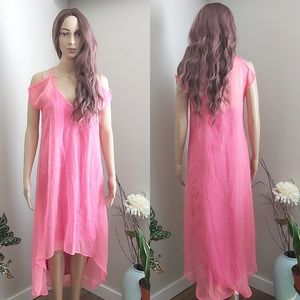 Anthropologie Kas New York Posh high low maxi summer dress pink  cold shoulder